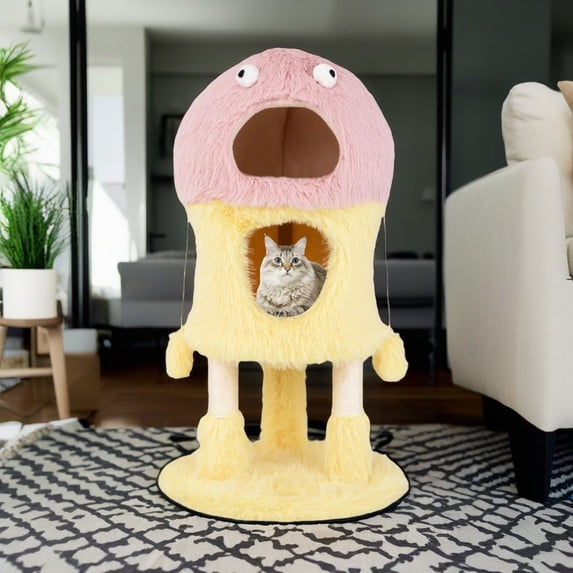 Demi Bonn 37" Monster-Themed Cat Tree Tower with 2 Condo, Kitten Plush Habitat with Scratch Posts Toy Cat Tree House, Yellow