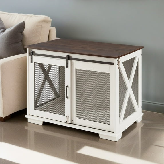 Demi Bonn 37" Wood Dog Crate Furniture, Heavy Dog Kennel Pet House with Sliding Barn Door, Indoor Dog Cage for Large Dogs, White