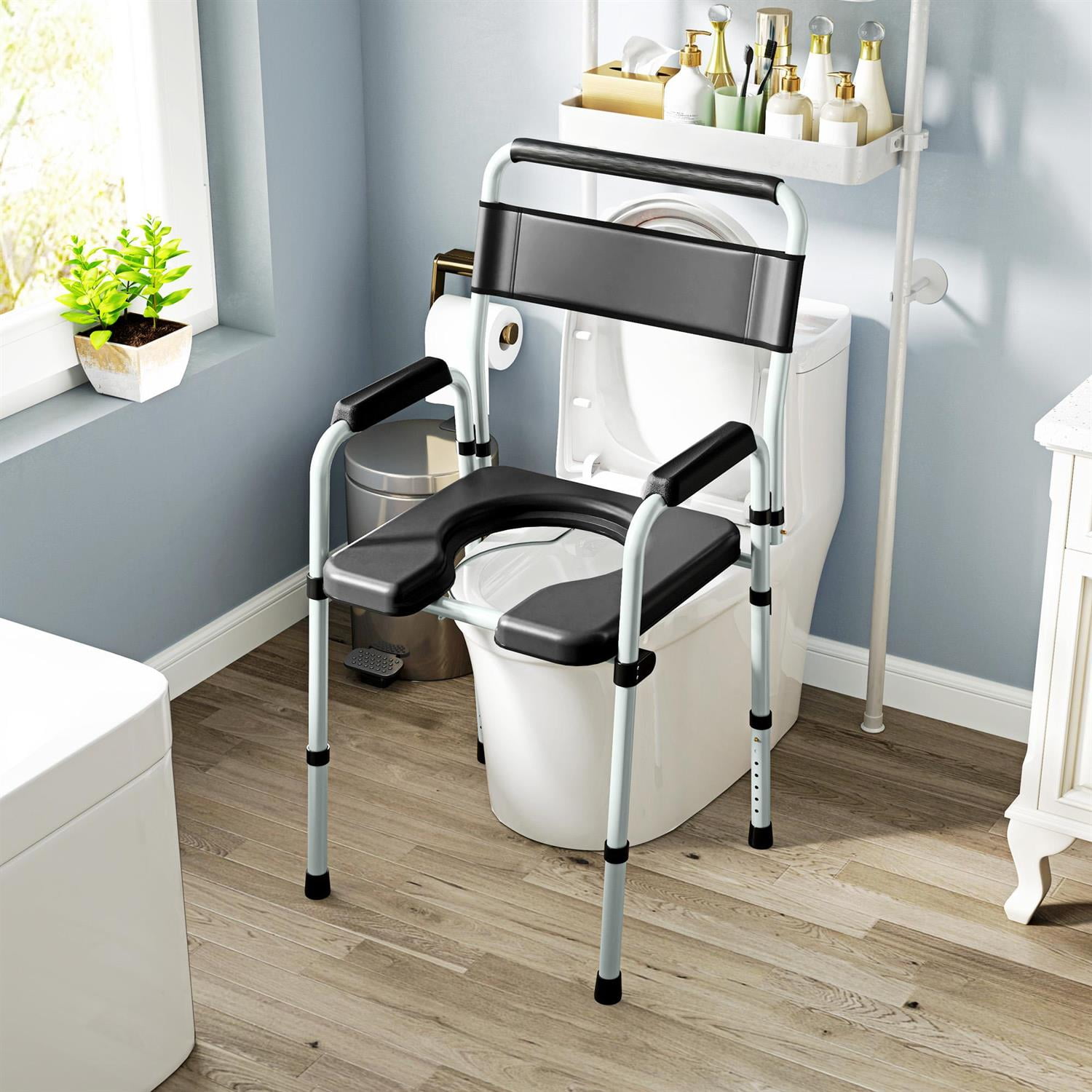 Demi Bonn 38" Adjustable Height Bedside Commode Chair with Arms for Seniors & Disabled Persons, Raised Toilet Seat, 331 lbs Capacity, Black