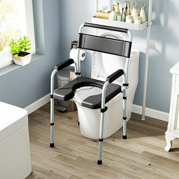 Demi Bonn 38" Adjustable Height Bedside Commode Chair with Arms for Seniors & Disabled Persons, Raised Toilet Seat, 331 lbs Capacity, Black