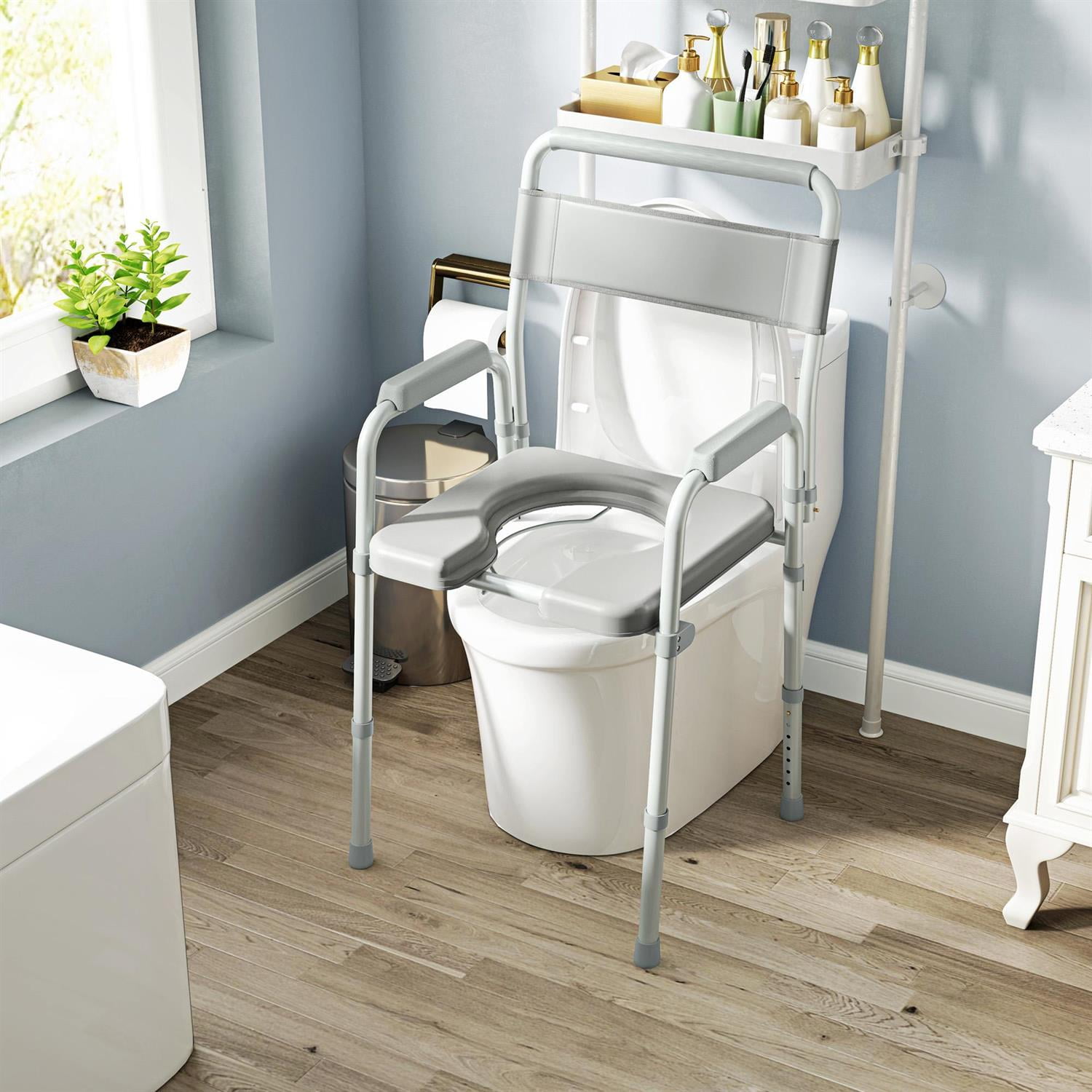 Demi Bonn 38" Adjustable Height Bedside Commode Chair with Arms for Seniors & Disabled Persons, Raised Toilet Seat, 331 lbs Capacity, Gray