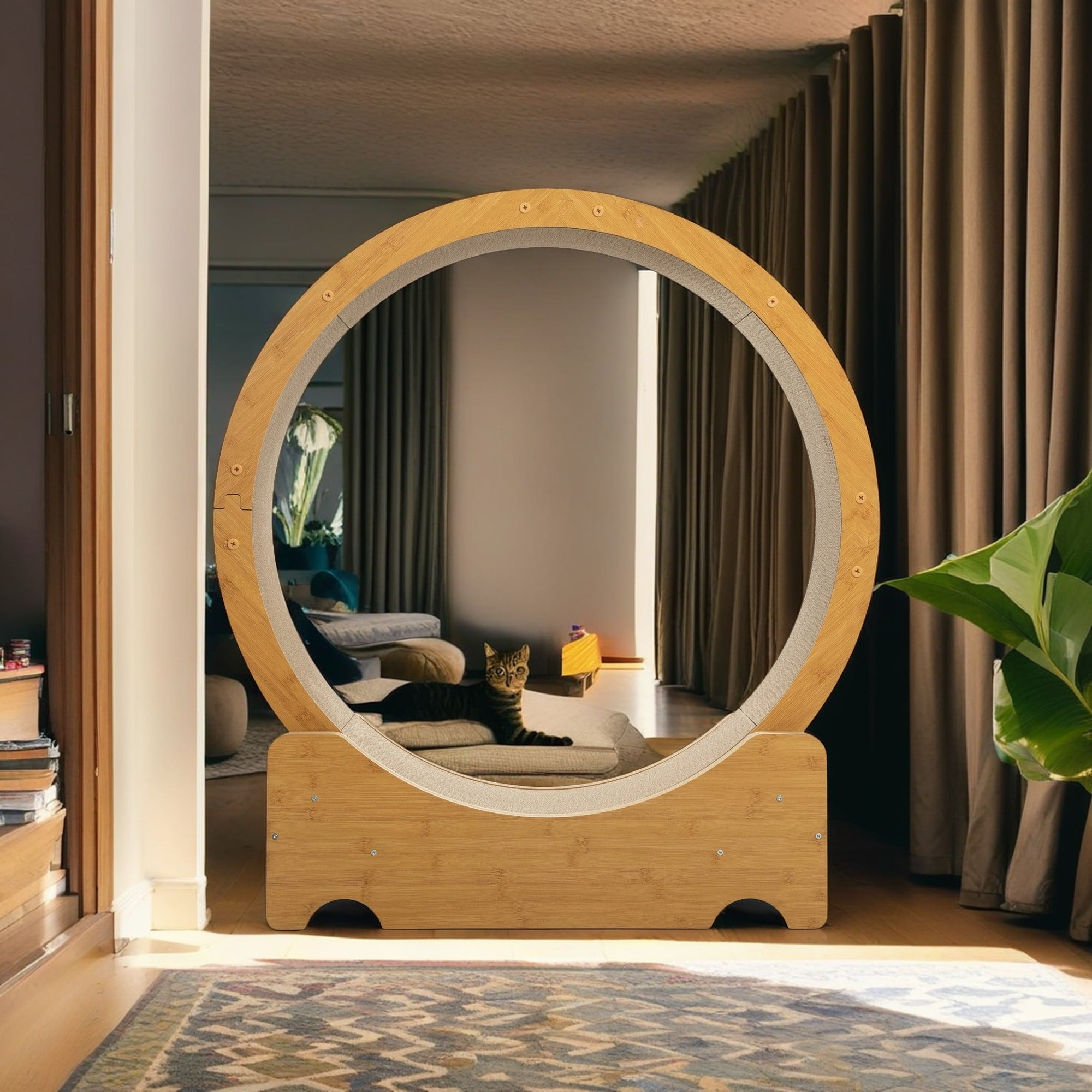 resenkos 38" Cat Exercise Wheel, Wood Cat Treadmill with Lock, Silent Casters, Cat Running Wheel for Indoors Kitties, Double-Sided Corrugated Cardboard, Beige