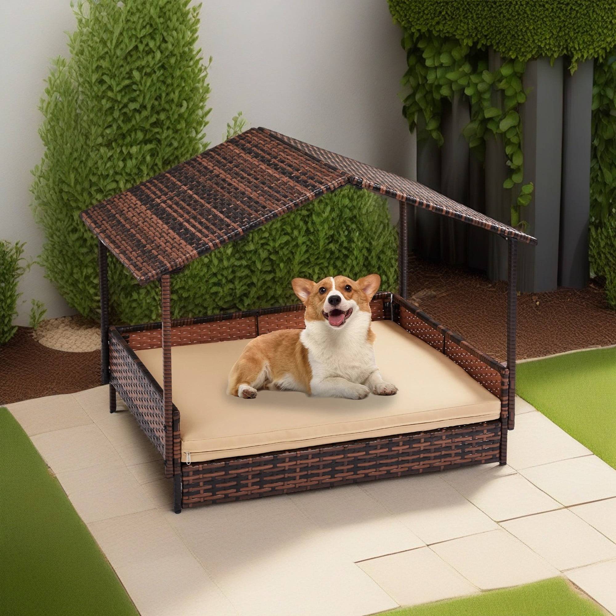 resenkos 38" Elevated Rattan Dog Bed Pet Sofa with Canopy and Washable Cushion Cover, Wicker Dog House for Small, Medium Dogs, Brown