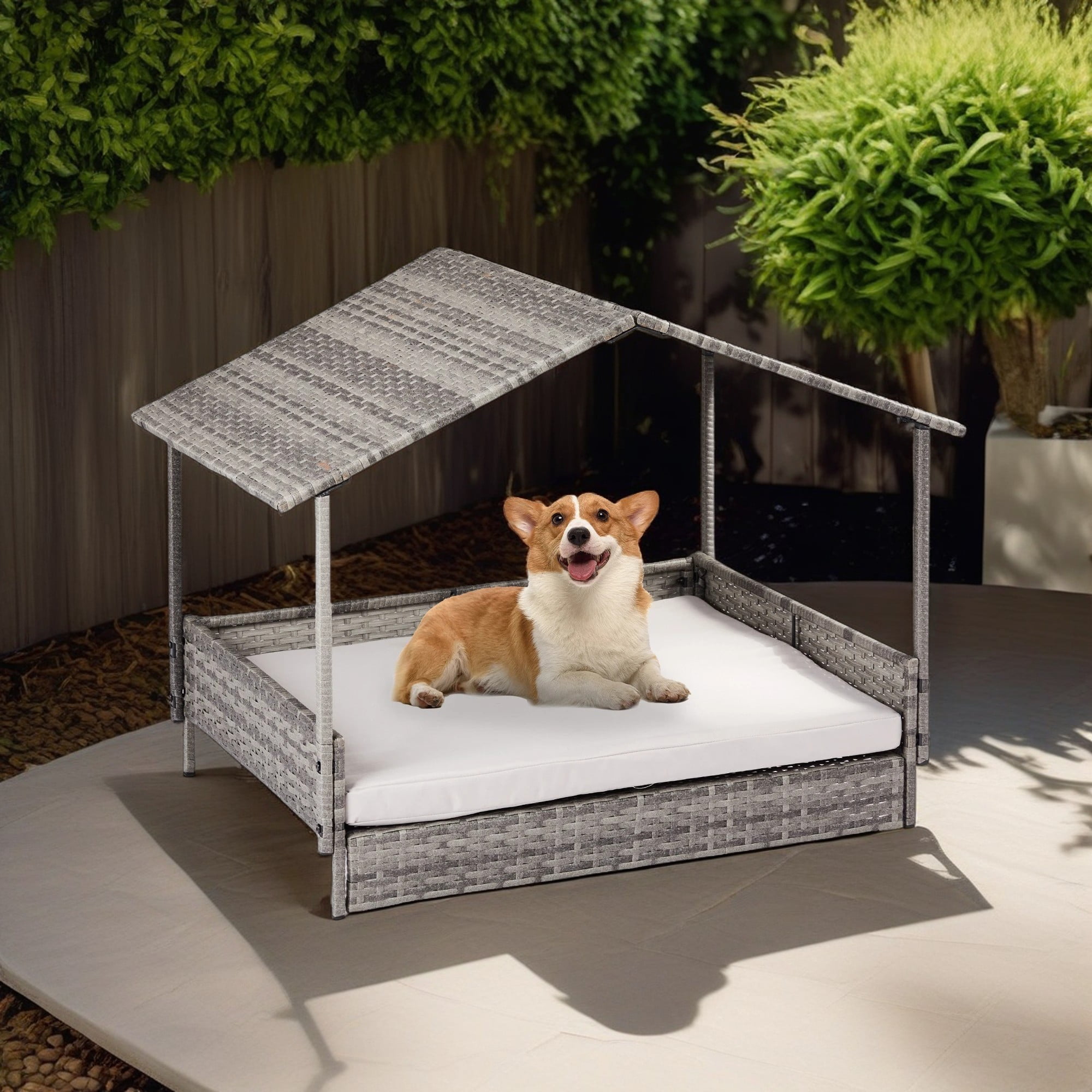 Kadyn 38" Elevated Rattan Dog Bed Pet Sofa with Canopy and Washable Cushion Cover, Wicker Dog House for Small, Medium Dogs, Gray