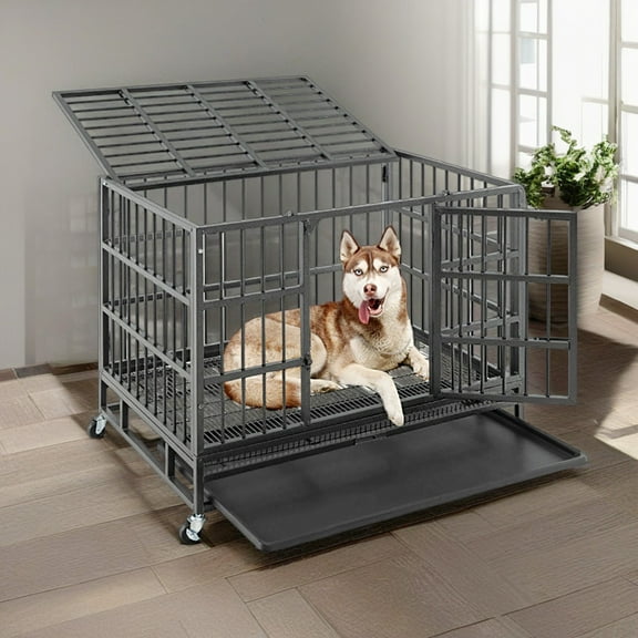 Demi Bonn 38" Heavy Duty Dog Crate, Escape Proof Dog Cage Kennel with Lockable Wheels, Large House Indoor for Large Dog with Removable Tray, Black