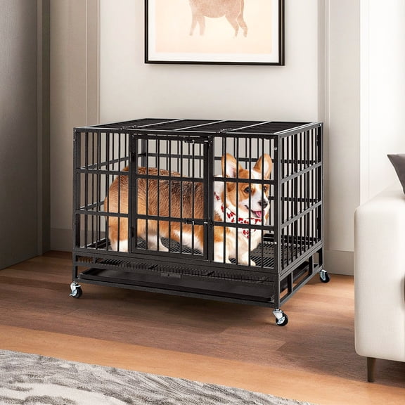 Demi Bonn 38" Heavy Duty Metal Dog Crate, Large Dog House Indoor for Dogs, Escape Proof Dog Cage Kennel with Removable Tray and Wheels, Black