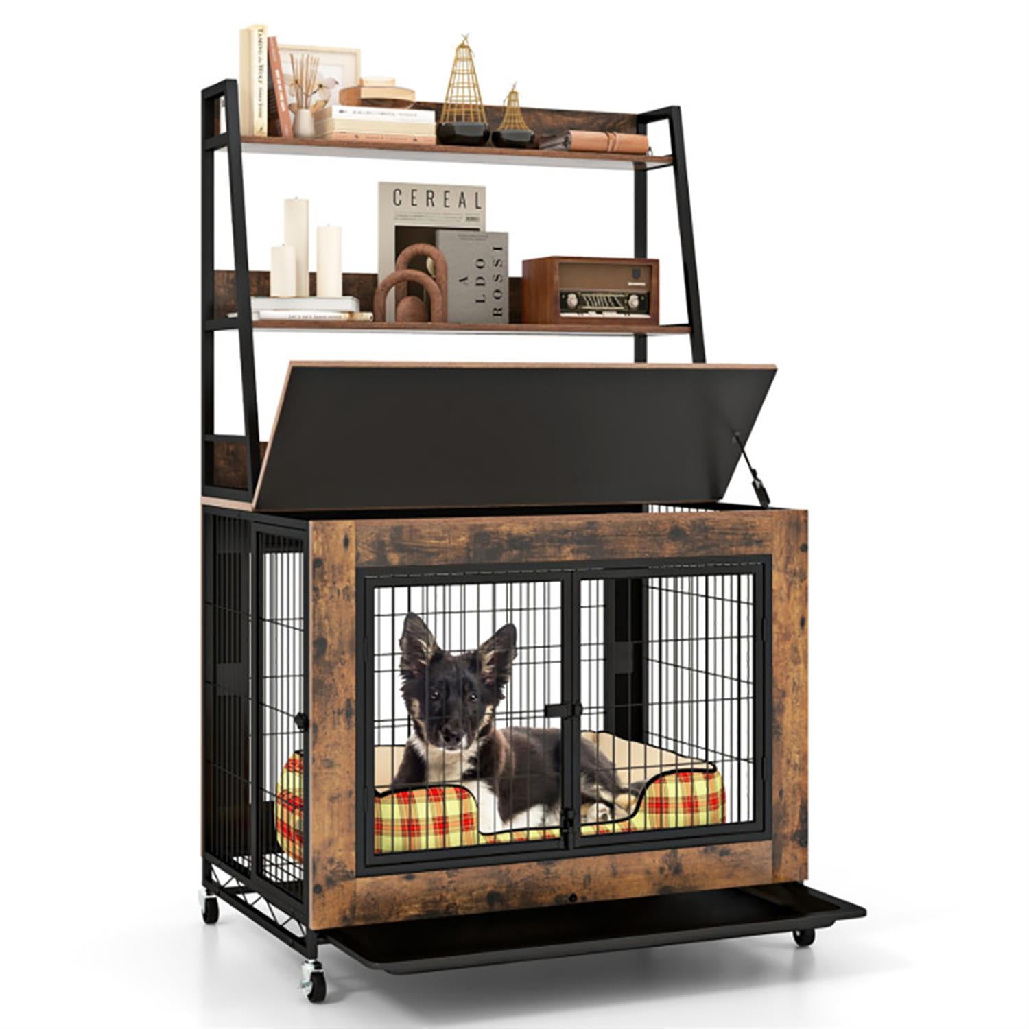 Demi Bonn 38" Industrial Dog Crate Furniture with Storage Shelves, Wooden Kennel Table with Double Doors, Indoor Dog House for Medium Dogs, Brown