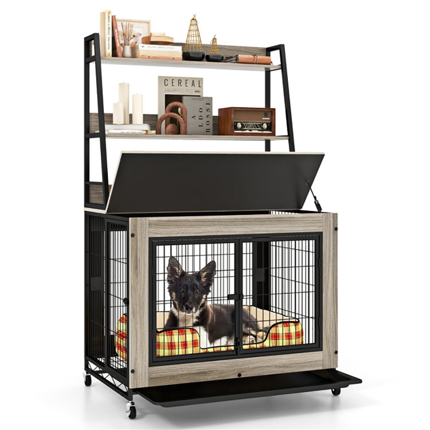 Demi Bonn 38" Industrial Dog Crate Furniture with Storage Shelves, Wooden Kennel Table with Double Doors, Indoor Dog House for Medium Dogs, Gray