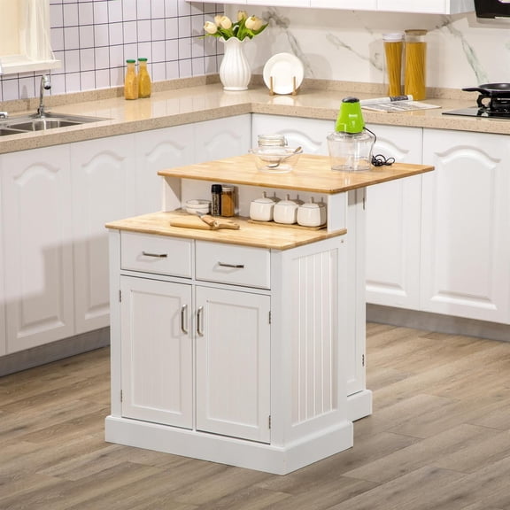 Demi Bonn 38" Kitchen Island with 2-Level Rubber Wood Tabletop, Island Table with Adjustable Shelves and Drawers for Dining Room, White