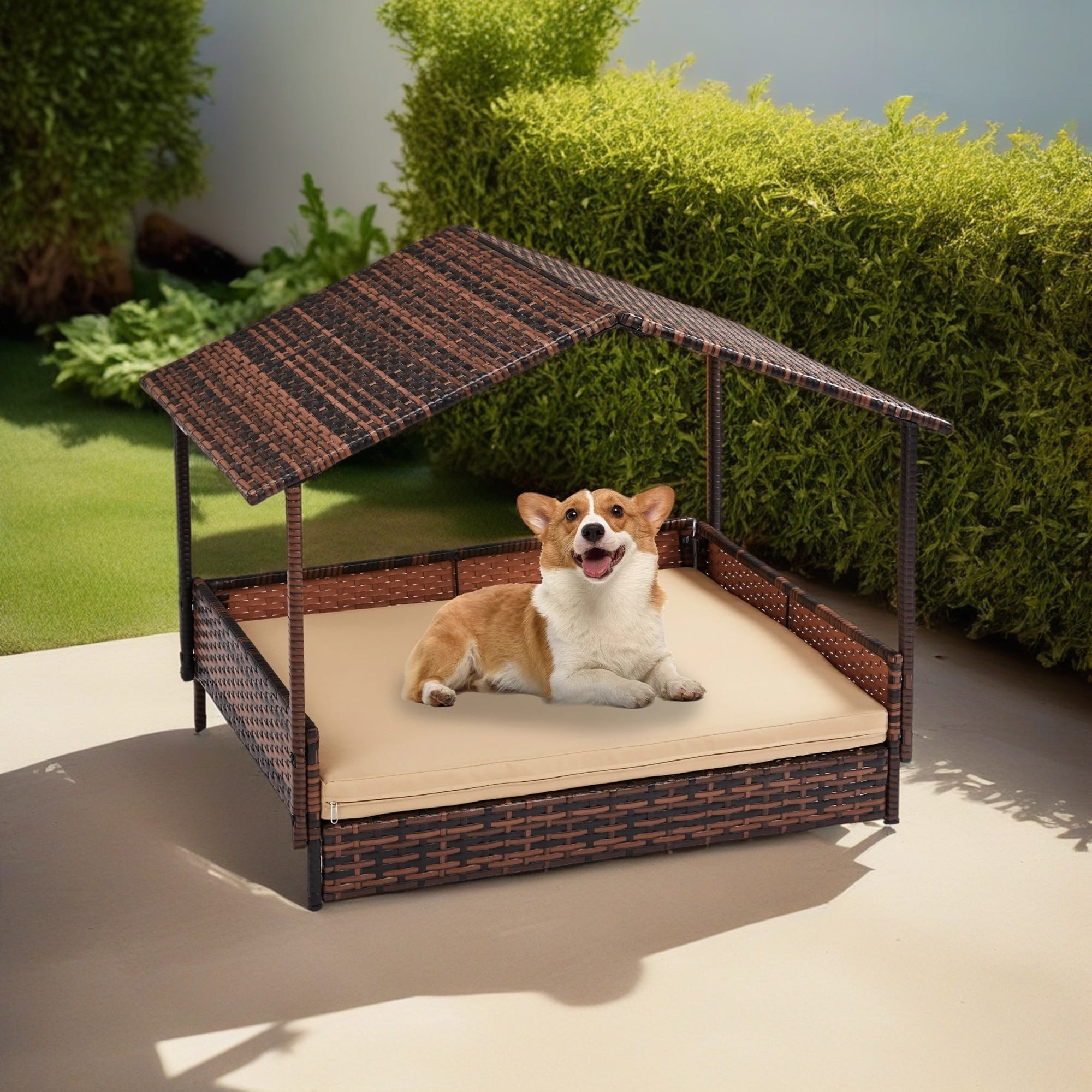 Kadyn 38" Outdoor Wicker Dog House with Canopy, Elevated Rattan Dog Bed for Medium Dogs, Indoor Dog Sofa with Washable Cushion Cover, Brown