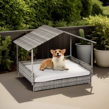 Demi Bonn 38" Outdoor Wicker Dog House with Canopy, Elevated Rattan Dog Bed for Medium Dogs, Indoor Dog Sofa with Washable Cushion Cover, Gray