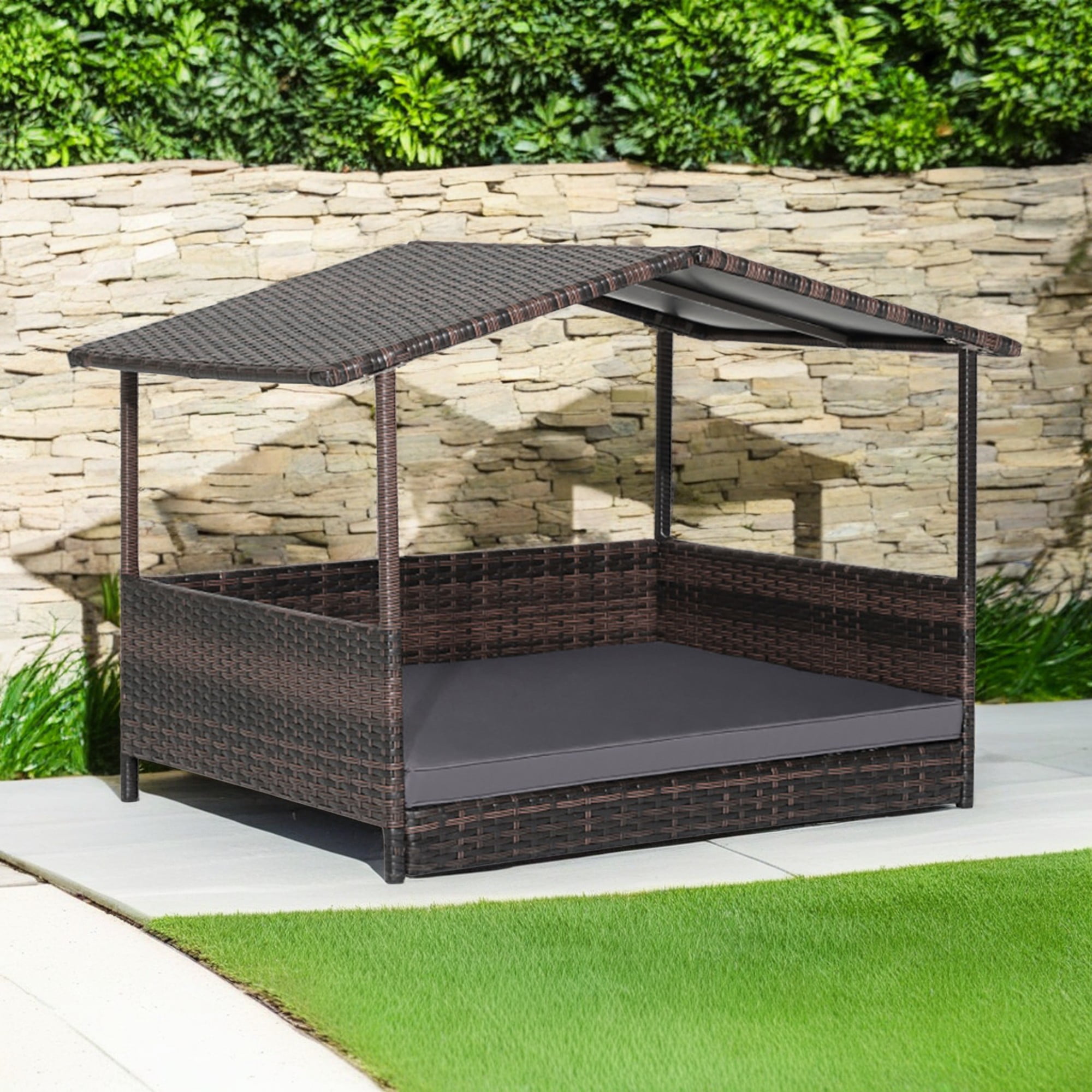 resenkos 38" Pet Bed for Cat and Dog with Cushion Cover, Outdoor Weatherproof Roof PE Wicker Dog House Furniture, Dog Bed with Canopy, Brown