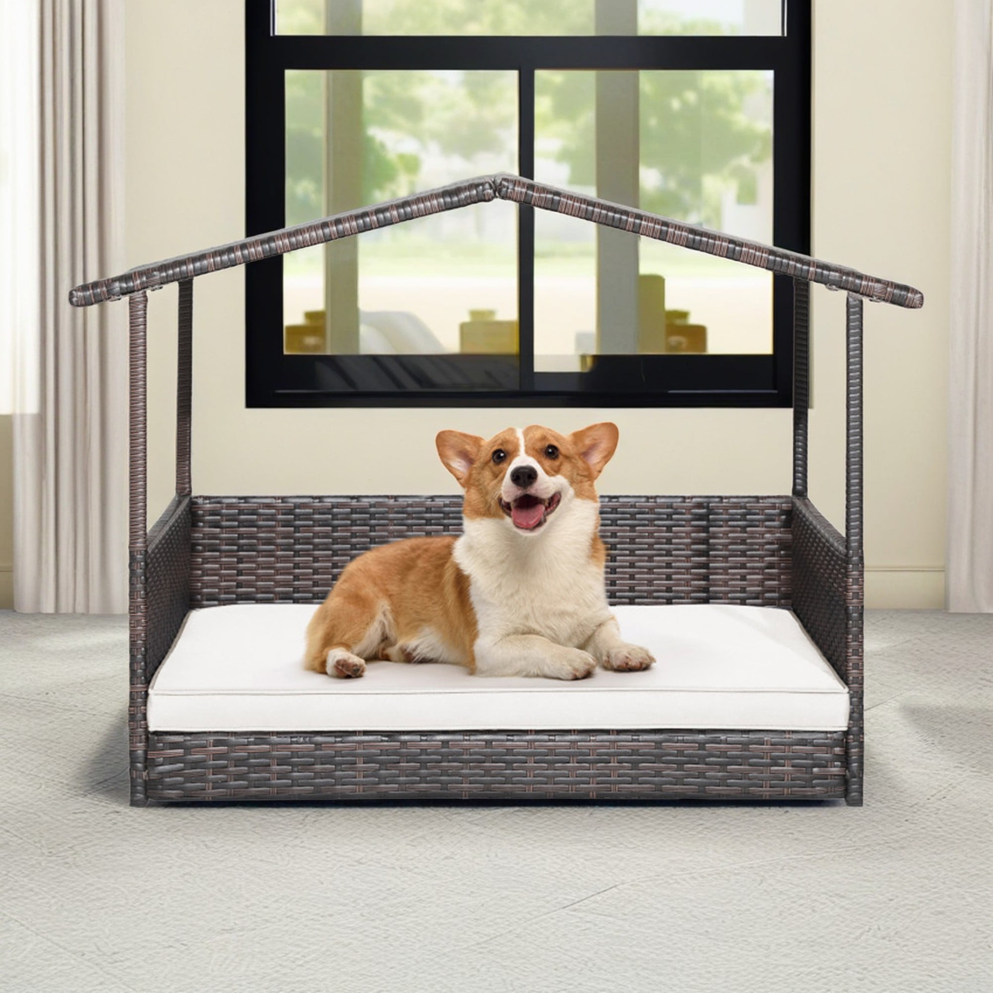 Kadyn 38" Pet Bed for Cat and Dog with Cushion Cover, Outdoor Weatherproof Roof PE Wicker Dog House Furniture, Dog Bed with Canopy, Brown