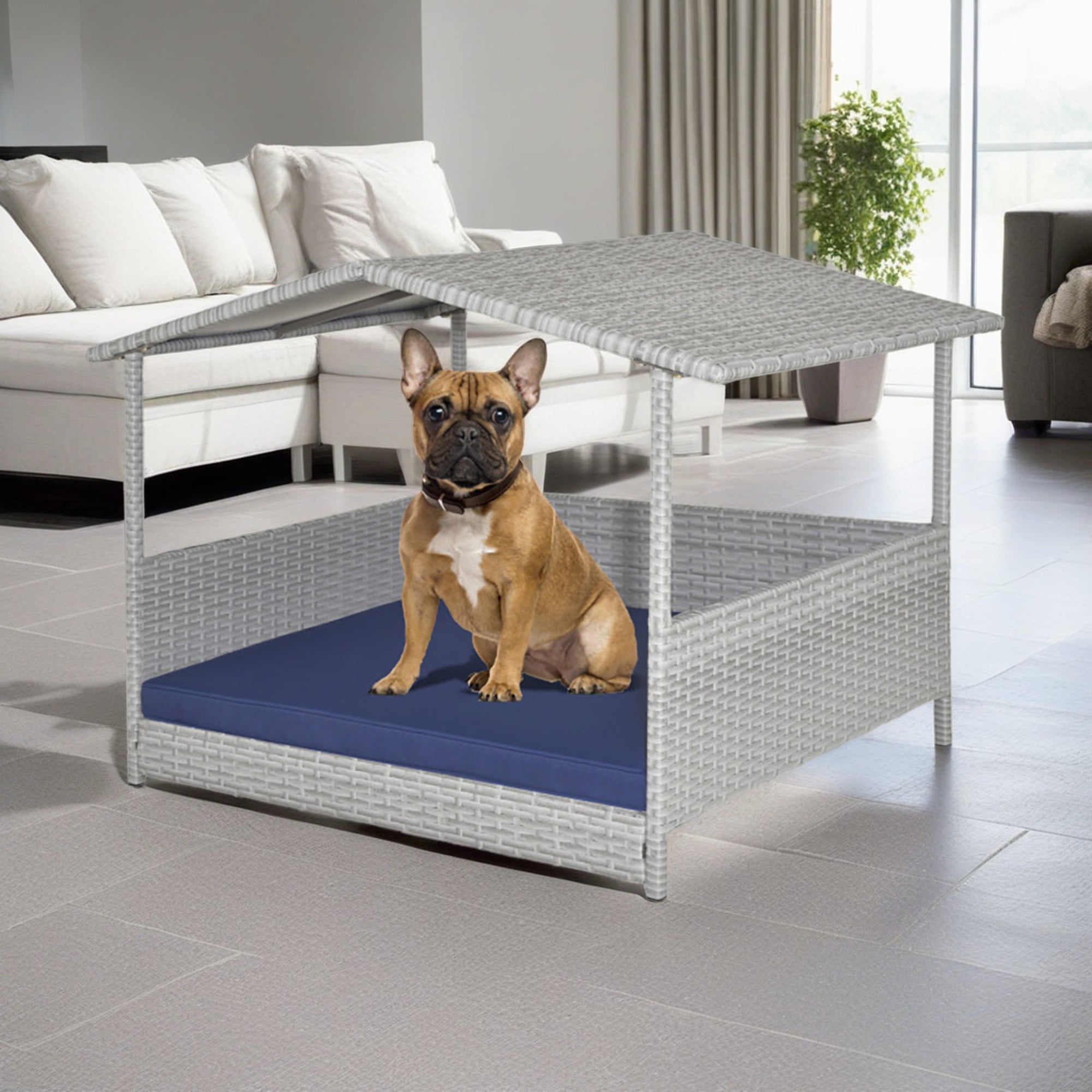 Kadyn 38" Pet Bed for Cat and Dog with Cushion Cover, Outdoor Weatherproof Roof PE Wicker Dog House Furniture, Dog Bed with Canopy, Gray