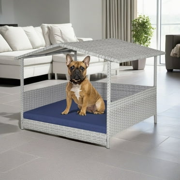 Demi Bonn 38" Pet Bed for Cat and Dog with Cushion Cover, Outdoor Weatherproof Roof PE Wicker Dog House Furniture, Dog Bed with Canopy, Gray