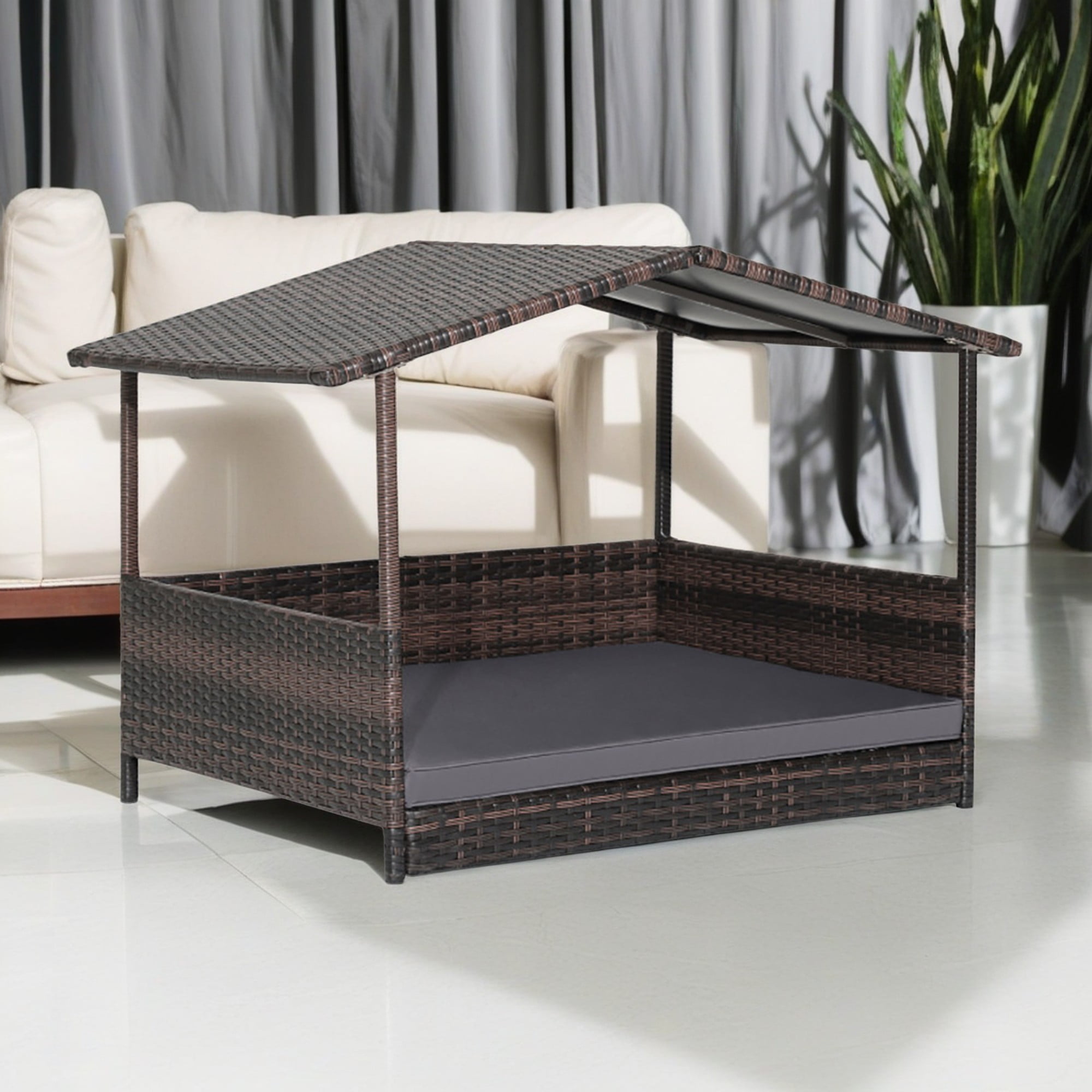 Kadyn 38" Pet Dog Bed Furniture with Provide Pet Mat, Outdoor PE Wicker Dog House for Cat and Dog with Waterproof Roof Kennel, Brown+Gray