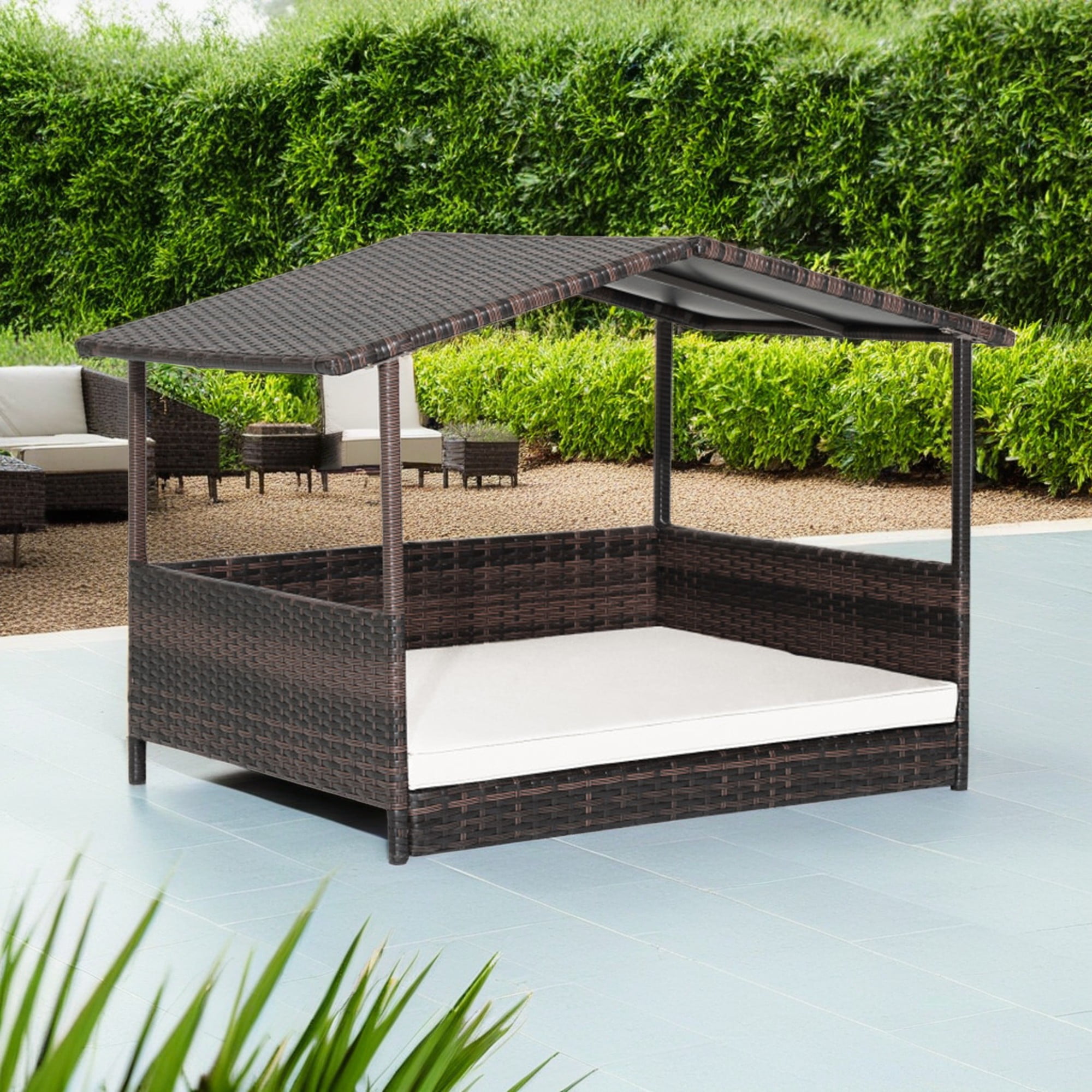 Kadyn 38" Pet Dog Bed Furniture with Provide Pet Mat, Outdoor PE Wicker Dog House for Cat and Dog with Waterproof Roof Kennel, Brown+White