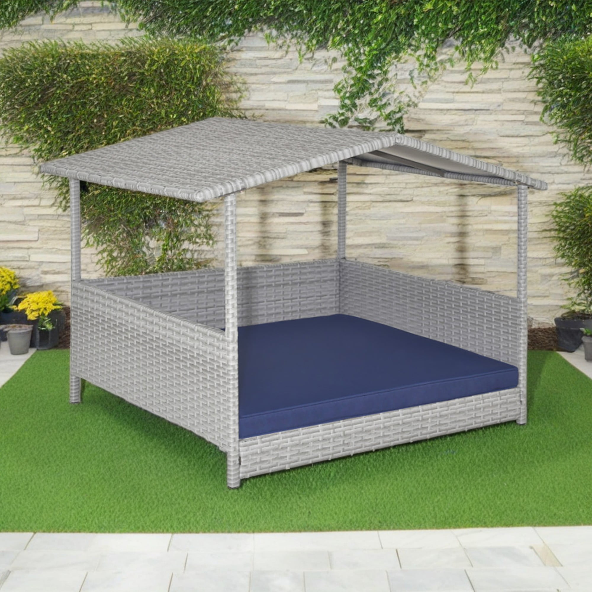 Kadyn 38" Pet Dog Bed Furniture with Provide Pet Mat, Outdoor PE Wicker Dog House for Cat and Dog with Waterproof Roof Kennel, Gray+Blue
