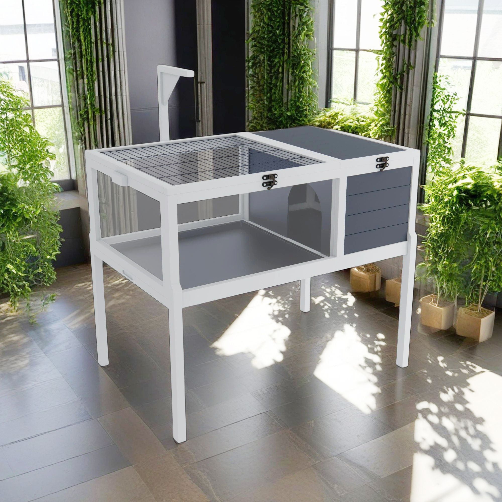 Demi Bonn 38" Tortoise Habitat for Small Animals, Wooden Tortoise House Reptile Cage with Detachable Legs, Waterproof Tray, Light Support, Large Observation Window, Gray