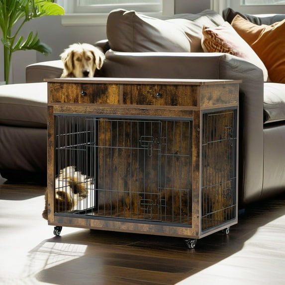 Demi Bonn 38" Wooden Dog Crate Furniture with 2 Drawers Storage, Indoor Dog Kennel, Heavy Duty Dog Cage for Large, Brown