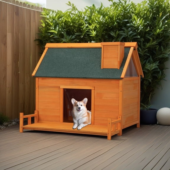 Demi Bonn 38" Wooden Dog House for Indoor Dogs, Outdoor Waterproof Dog Kennel, Log Cabin Style with Porch, Elevated Floor, PVC Curtain, Orange