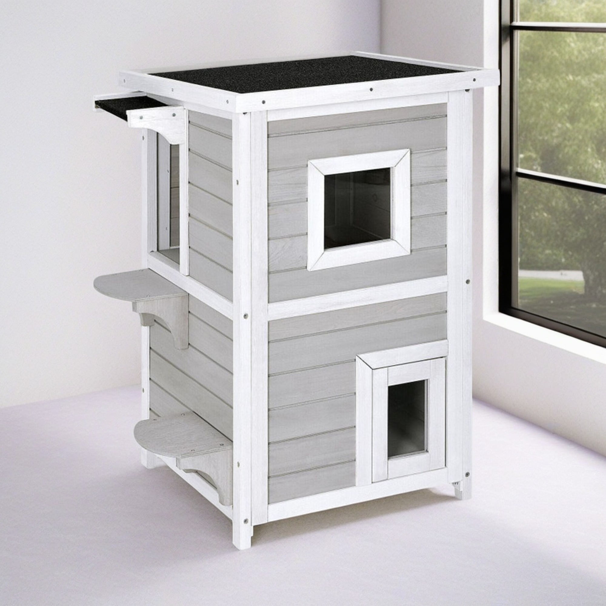Kadyn 39" 2-Story Cat House for Outdoor Cats, Weatherproof Cat Shelter with Escape Door, Wood Cat Condo for 3 Adult Cats, Gray