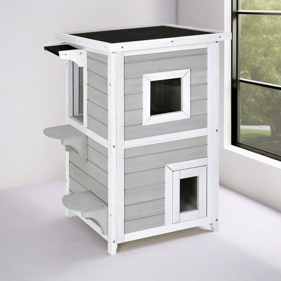 Demi Bonn 39" 2-Story Cat House for Outdoor Cats, Weatherproof Cat Shelter with Escape Door, Wood Cat Condo for 3 Adult Cats, Gray