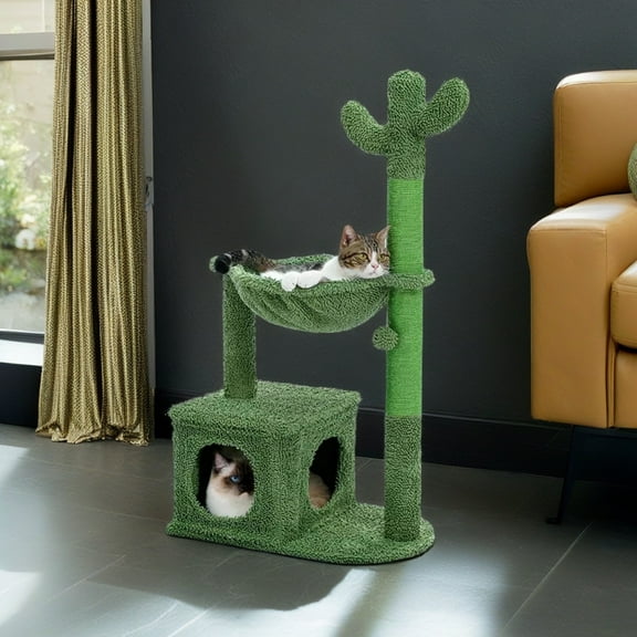Demi Bonn 39" Cactus Cat Tree Tower for Multiple Cats, Indoor Cat Tree House with Sisal Covered Scratching Post, Cat Condo, Green