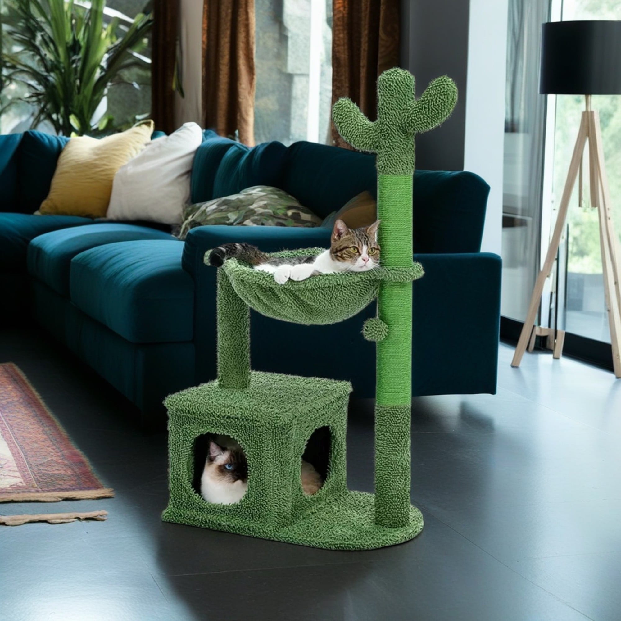 Kadyn 39" Cactus Cat Tree Tower with Sisal Covered Scratching Post, Cozy Condo with Fluffy Balls, Indoor Cat Condo for Multiple Cats, Green