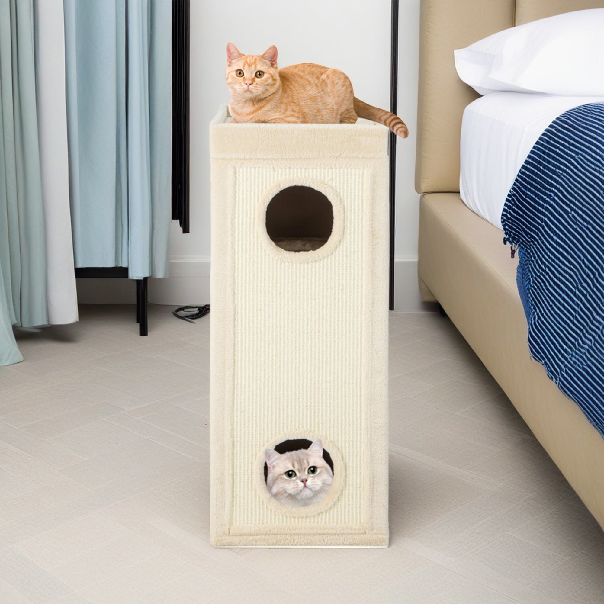 resenkos 39" Cat House for Indoor Cats, Cat Condo Scratcher Furniture, Cat Cave Bed with Scratching Posts, 3 Hideaways, 4 Soft Plush Cushion, Beige