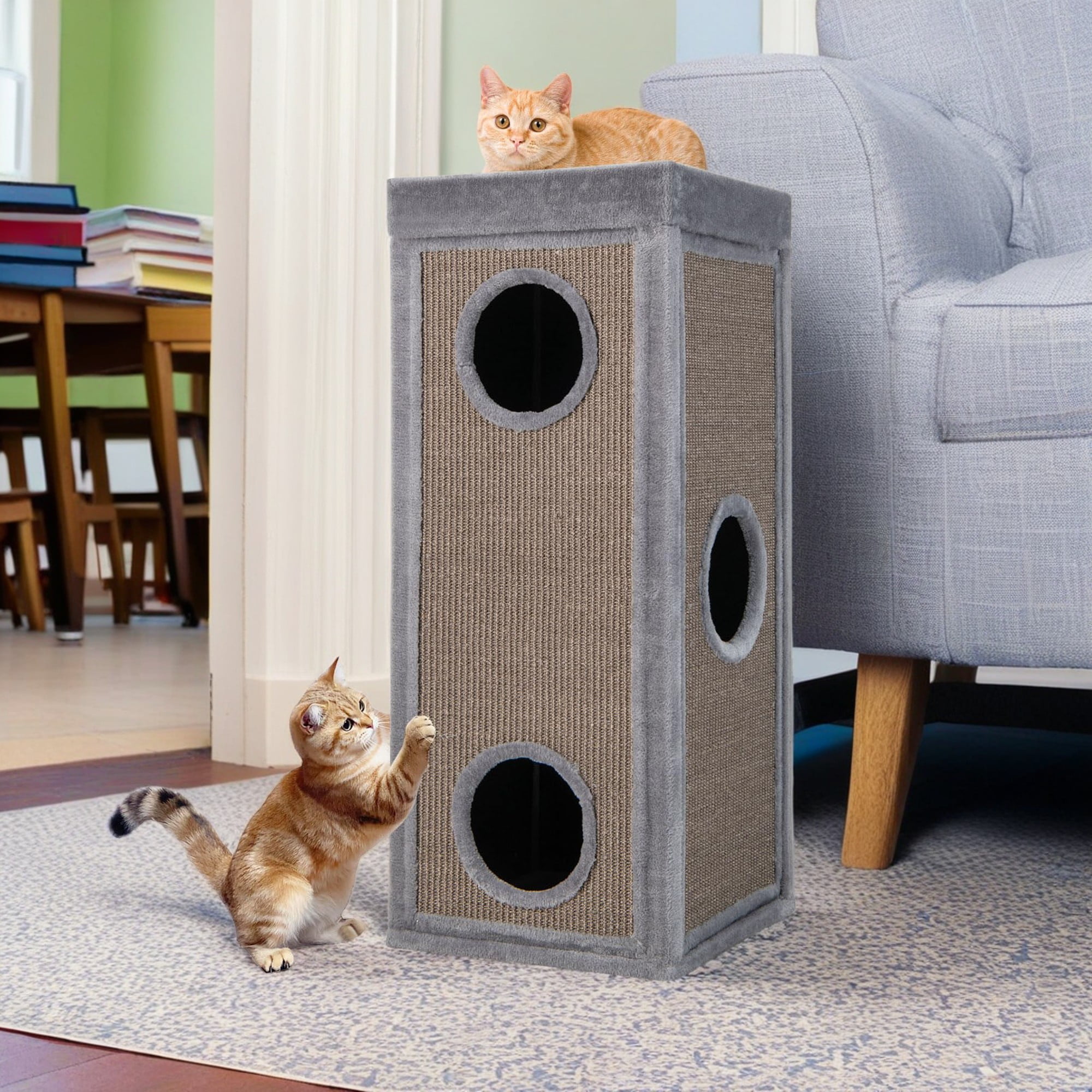 resenkos 39" Cat House for Indoor Cats, Cat Condo Scratcher Furniture, Cat Cave Bed with Scratching Posts, 3 Hideaways, 4 Soft Plush Cushion, Gray