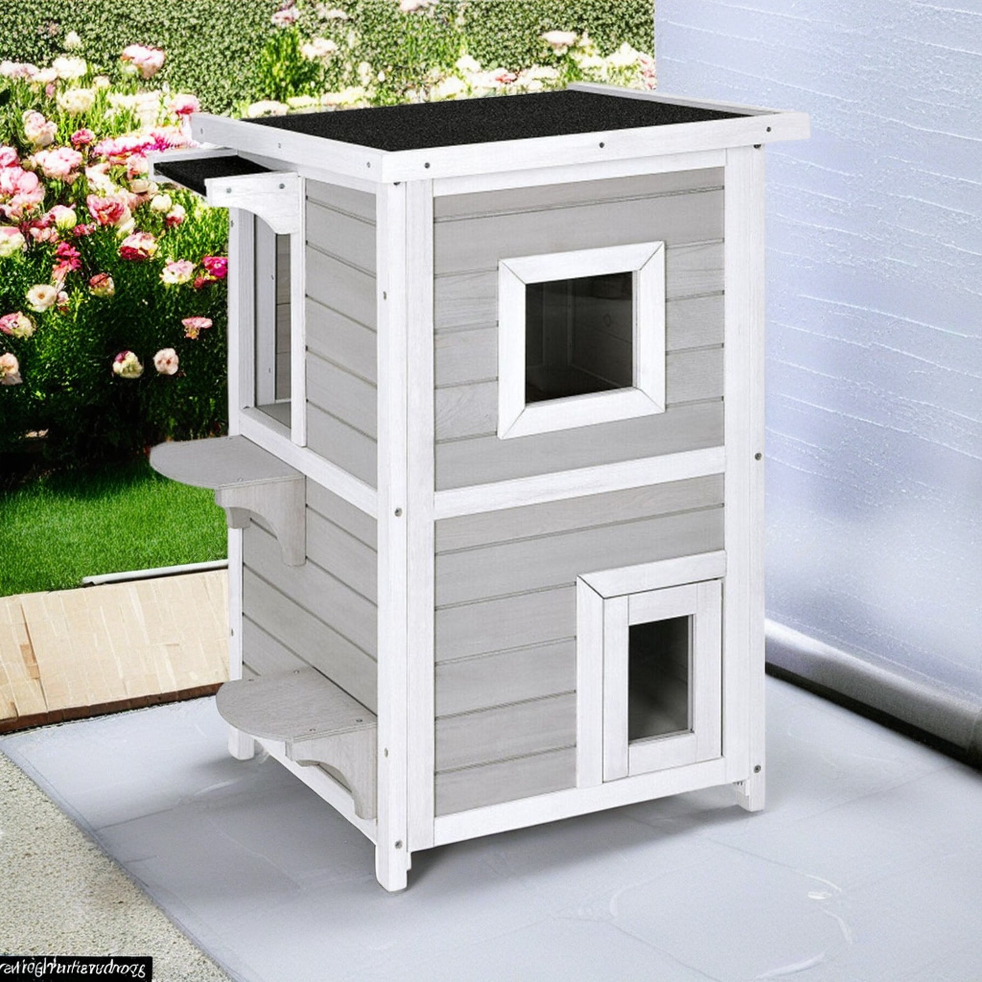 Gray and White 2-Story Weatherproof Outdoor Cat House