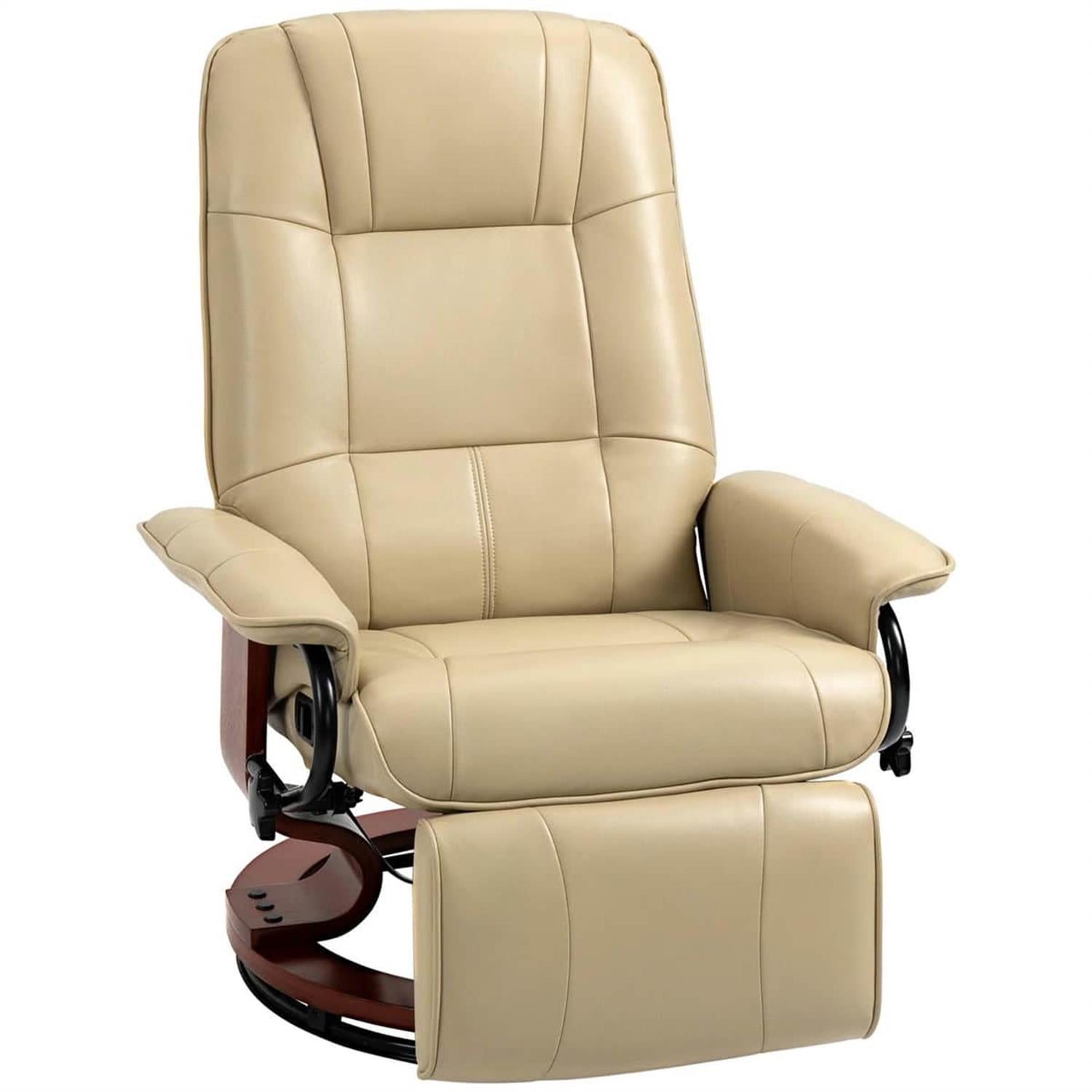 Demi Bonn 39" Faux Leather Swivel Recliner with Footrest, Armrest and Wooden Base for Living Room, Comfort High-Backed Sofa Chair, Beige