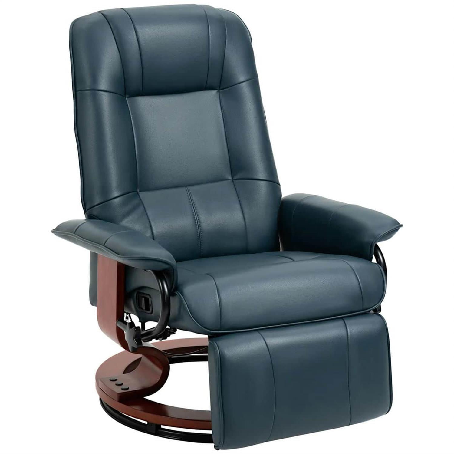 Demi Bonn 39" Faux Leather Swivel Recliner with Footrest, Armrest and Wooden Base for Living Room, Comfort High-Backed Sofa Chair, Blue