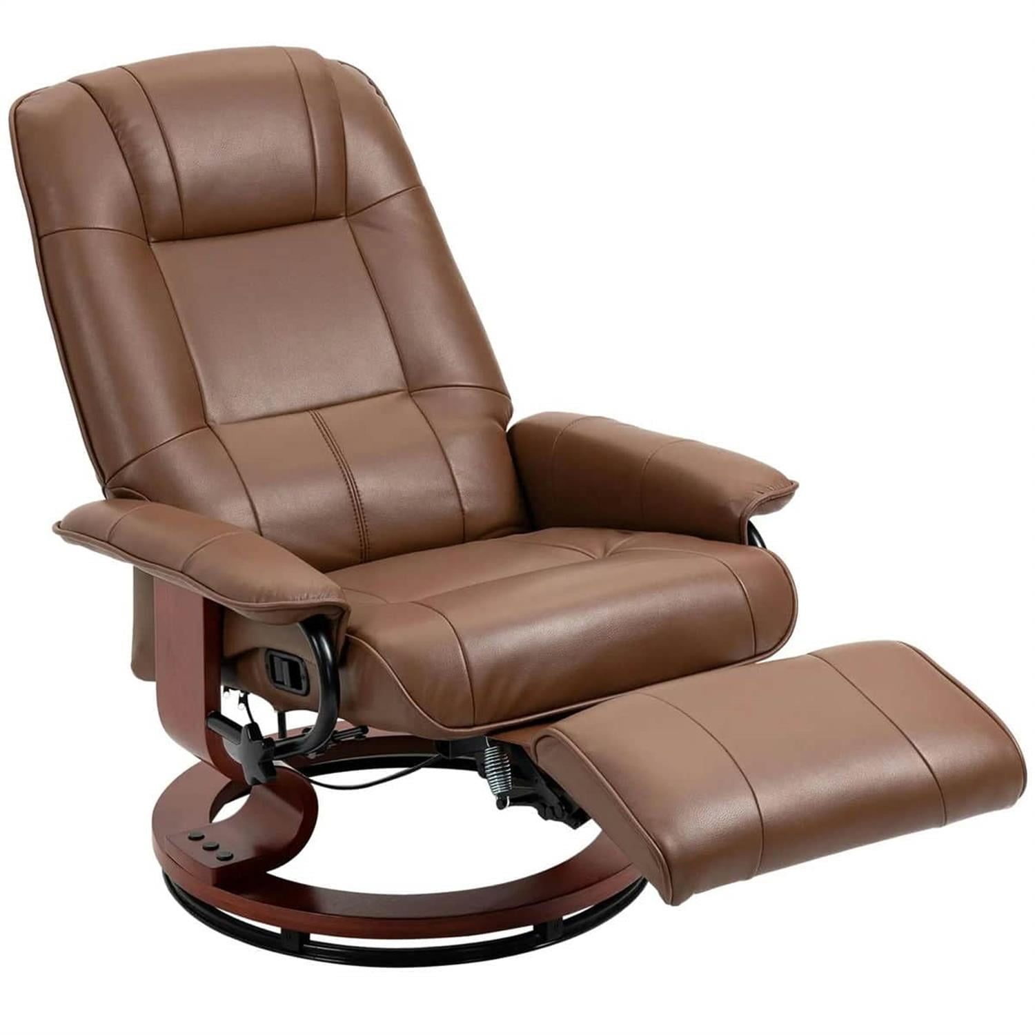 Demi Bonn 39" Faux Leather Swivel Recliner with Footrest, Armrest and Wooden Base for Living Room, Comfort High-Backed Sofa Chair, Brown