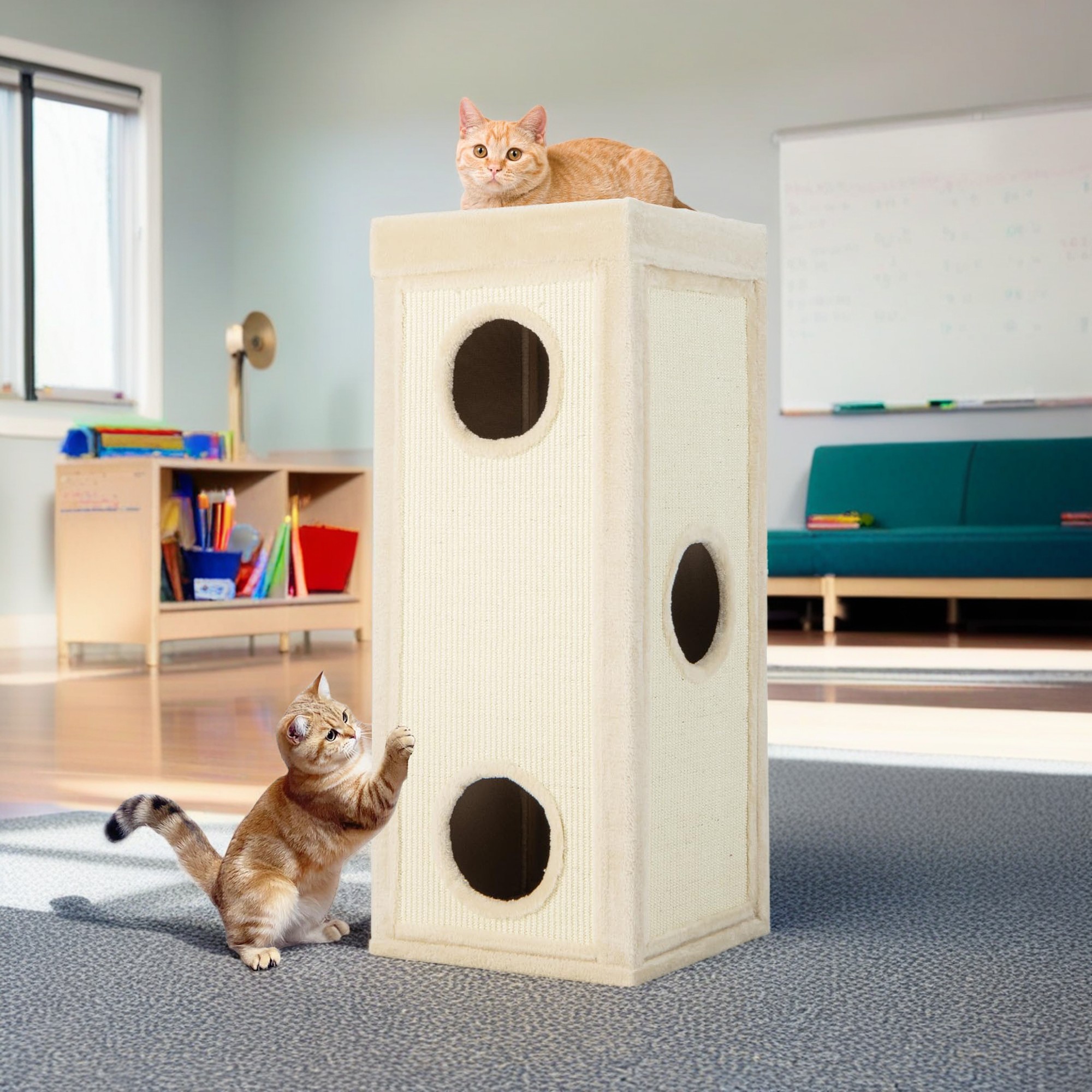 Kadyn 39" Indoor Cat Cave Bed, Cat House Scratcher Furniture, Cat Condo with Scratching Posts, 3 Hideaways, 4 Soft Plush Cushions, Beige