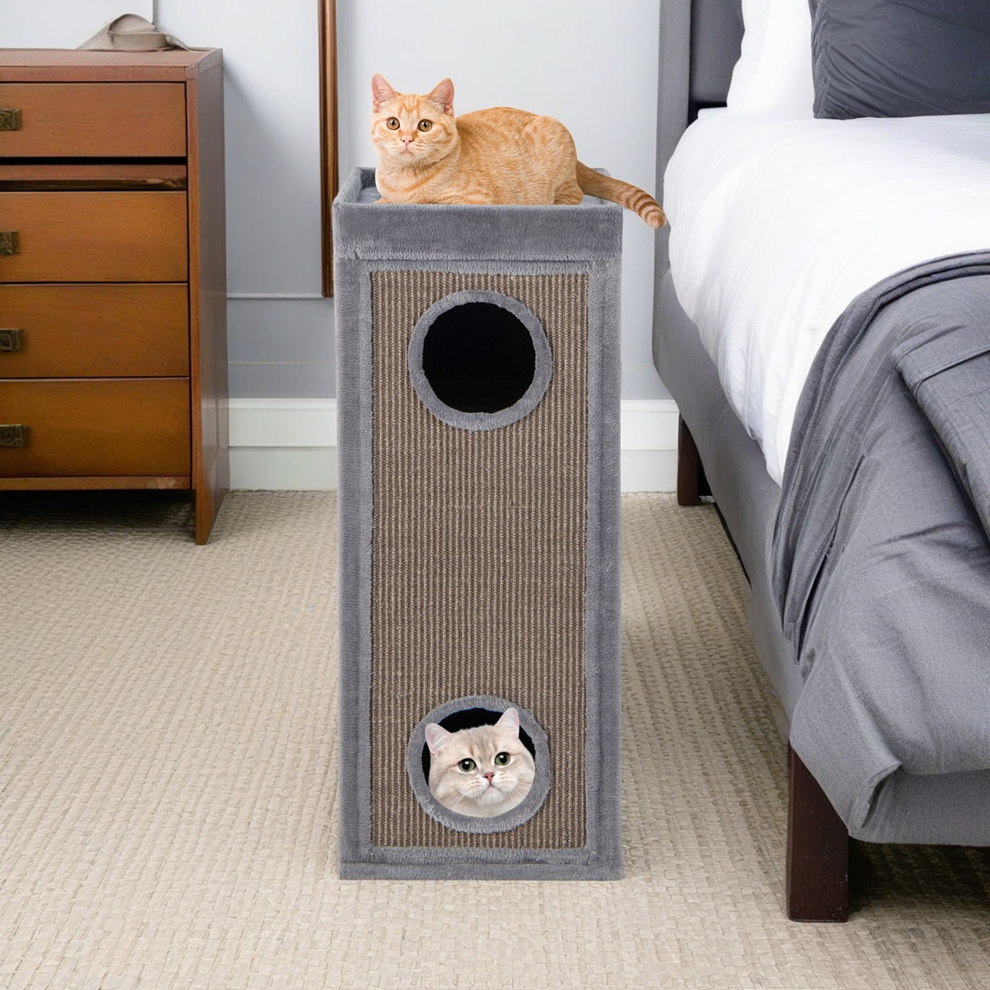 Kadyn 39" Indoor Cat Cave Bed, Cat House Scratcher Furniture, Cat Condo with Scratching Posts, 3 Hideaways, 4 Soft Plush Cushions, Gray