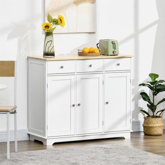 Demi Bonn 39" Modern Sideboard with Rubberwood Top, Buffet Cabinet with Storage Cabinets, Drawers and Adjustable Shelves for Kitchen, White