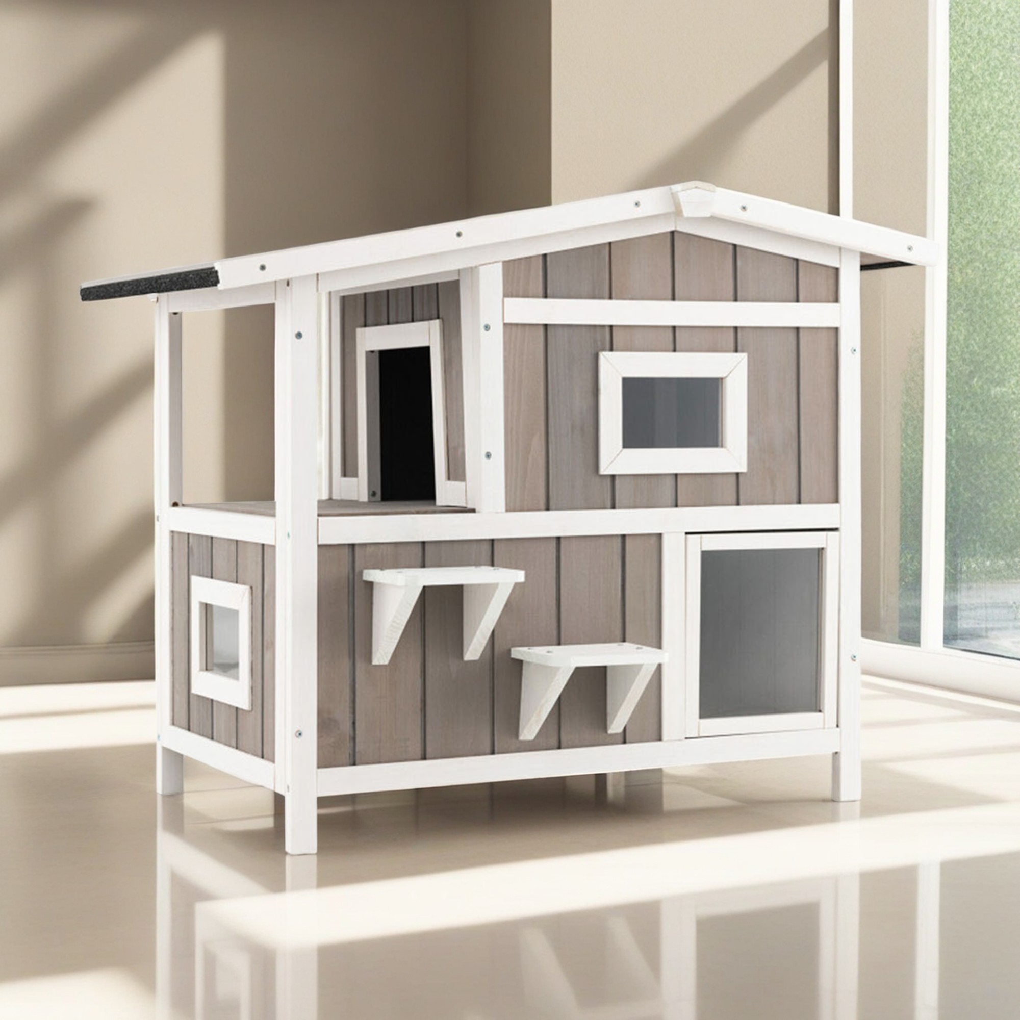 Kadyn 39" Outdoor 2-Story Cat House, Feral Cat Shelter with Escape Door, Rainproof Outside Kitty Condo for 3 Adult, Gray