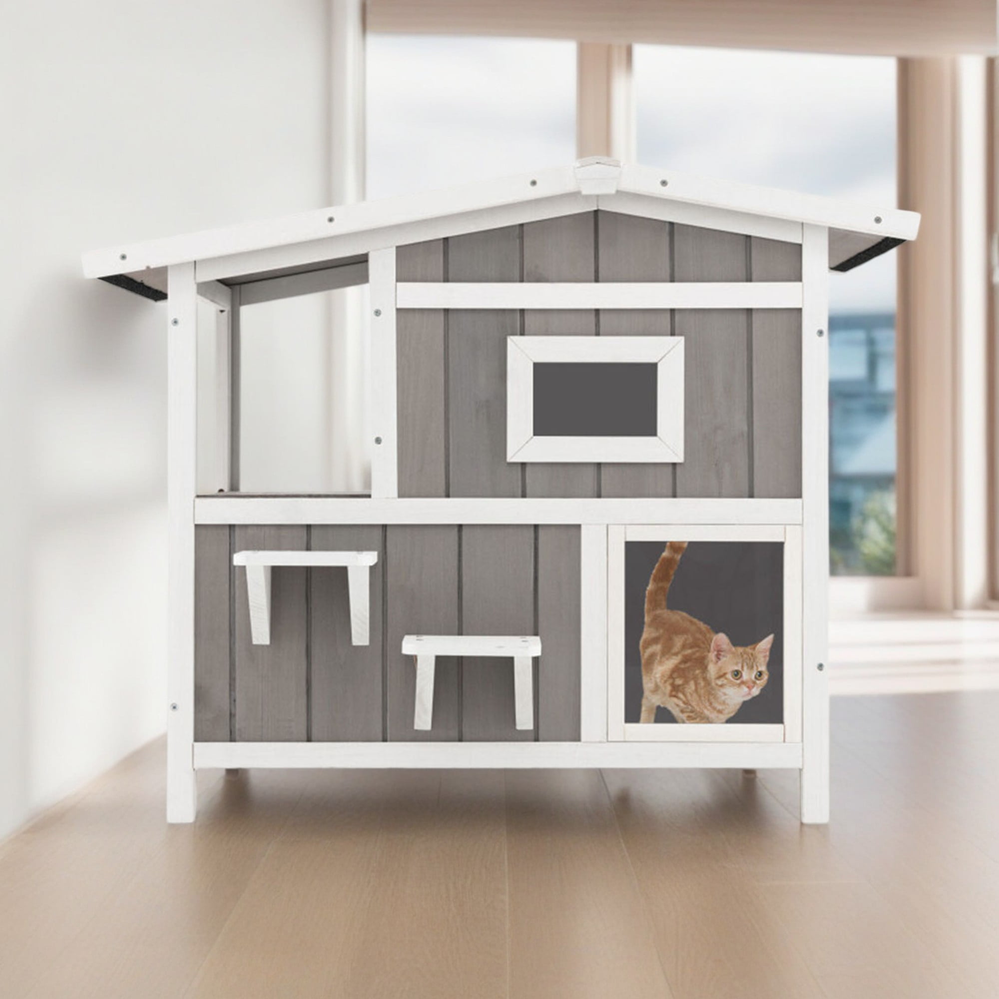 resenkos 39" Outdoor Wooden Cat House with Escape Door, 2-Story Feral Cat Shelter Rainproof Outside Kitty Cat Condo, Gray