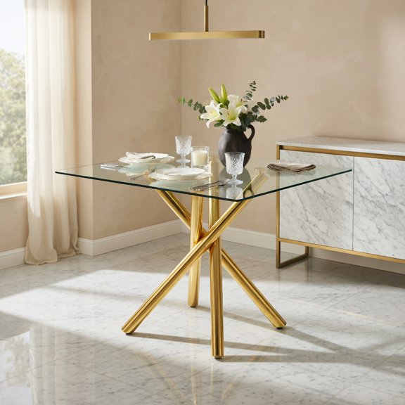 Demi Bonn 39" Round Glass Dining Table with X-Frame, 2-4 Seaters Modern Compact Table for Small Spaces, Kitchen & Dining Room, Gold