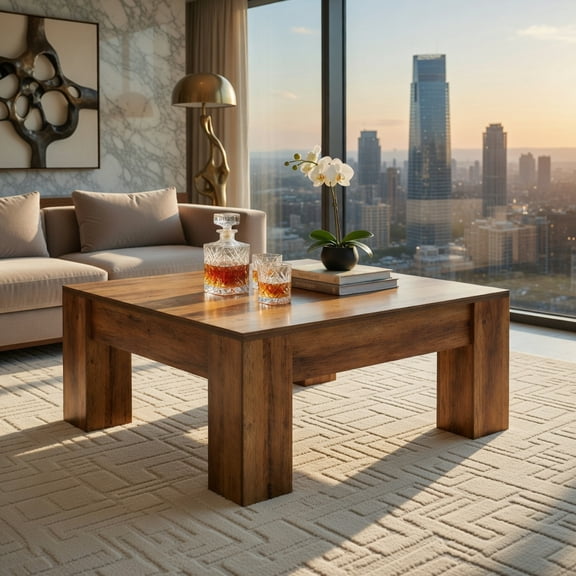 Demi Bonn 39" Square Farmhouse Coffee Table, Wood Living Room Table with Sturdy Thickened Legs, Easy Assembly, Rustic Natural