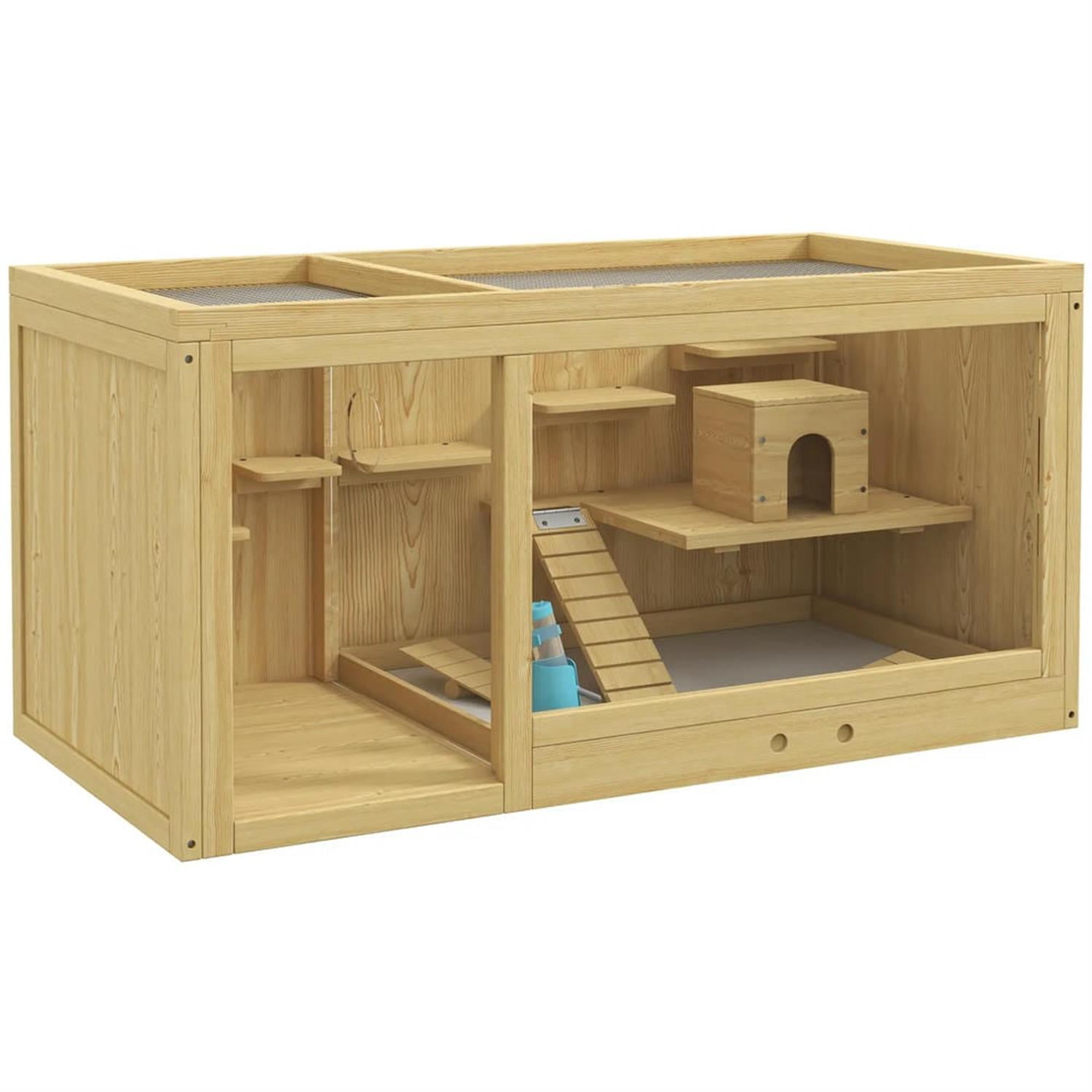 Kadyn 39" Wooden Hamster Cage with Pull-out Tray, Seesaws, Ladder, Large Small Animal Habitats for Guinea Pig Cages, Beige