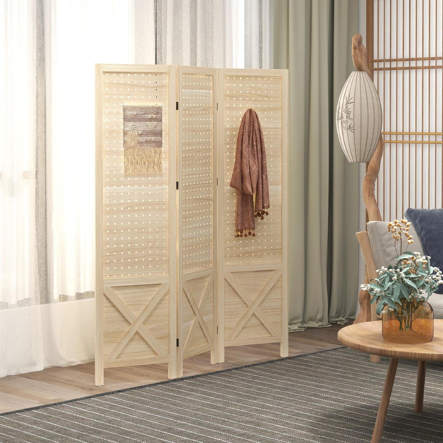 Demi Bonn 4.7ft Wood Room Divider with Pegboard Display, 3 Panel Folding Privacy Screen for Home Office Space, Natural Wood Look and Feel, Beige