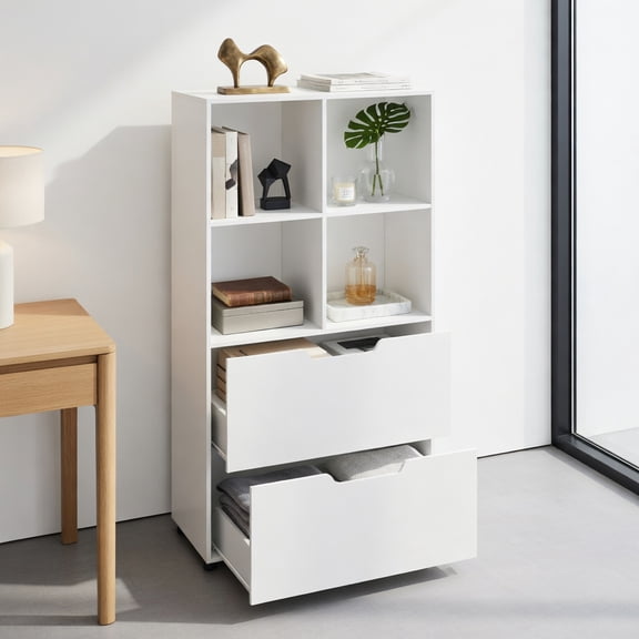 Demi Bonn 4-Cube Bookcase, 2 Drawers, 51 Inch 5-Tier Tall, Chic Design, Easy-Maintain, Freestanding, White