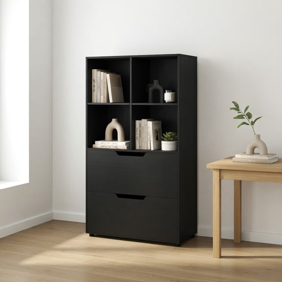 Demi Bonn 4-Cube Bookcase, 2 Drawers, 51 Inch 5-Tier Tall, Sturdy Structure, Smooth Slides, Freestanding, Black