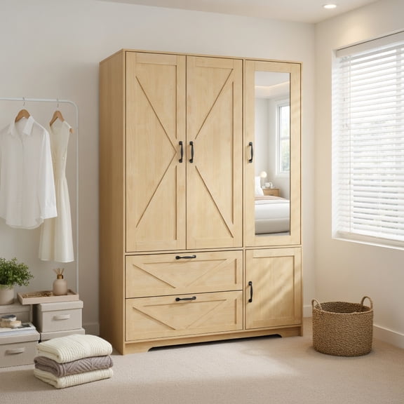 Demi Bonn 4-Door Wooden Wardrobe with Full-Length Mirror, LED Motion Sensor Light & 2 Drawers, Modern Closet Storage Cabinet for Bedroom, Natural
