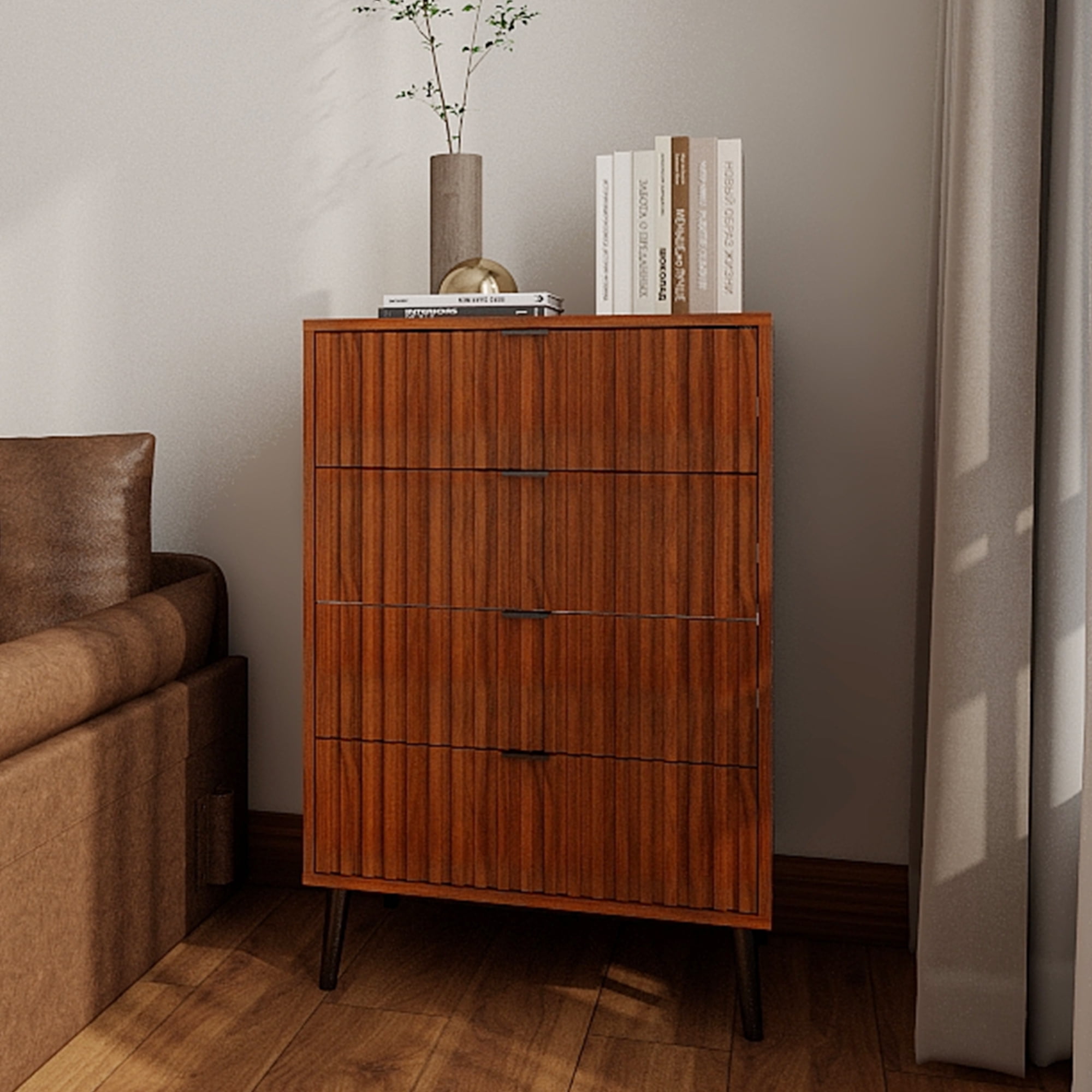 Demi Bonn 4 Drawer Dresser, 35" Modern Chest of Drawers with Deep Drawers, Wide Storage Organizer Cabinet for Living Room, Bedroom, Brown