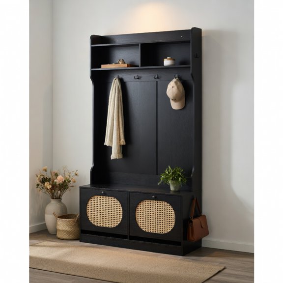 Demi Bonn 4-In-1 Entryway Hall Tree, Coat Rack & Flip Drawers, Anti-Tipping Kit, Black