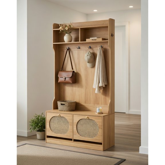 Demi Bonn 4-In-1 Entryway Hall Tree, Coat Rack & Flip Drawers, PE Rattan Surface, Brown